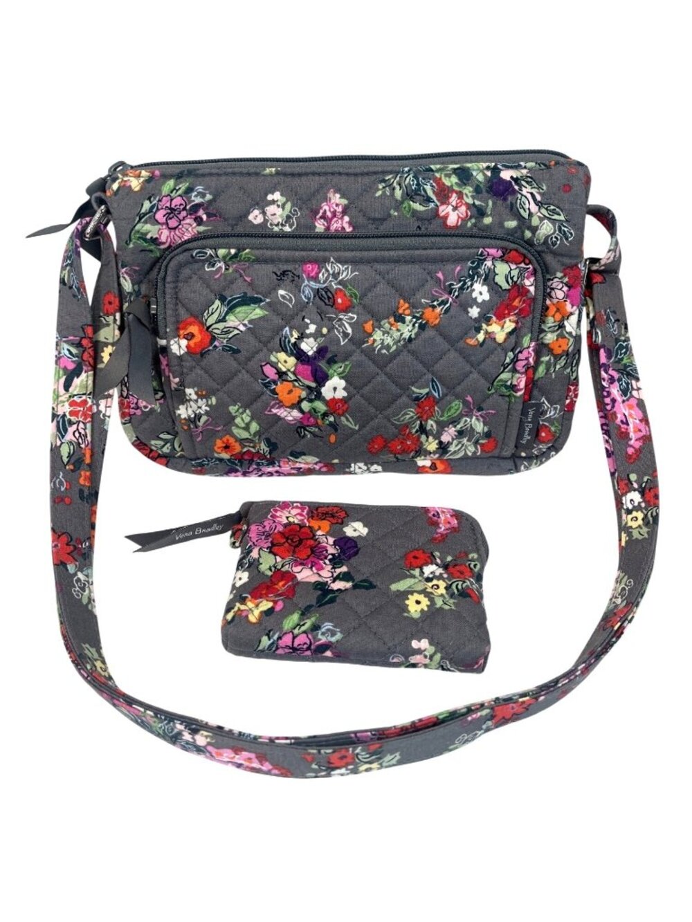Vera Bradley Gray Floral Quilted Crossbody Bag With Detachable Pouch Adjustable